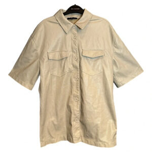 7 For  All Mankind Button Up Shirt Size Medium Cream Faux Leather Oversized READ